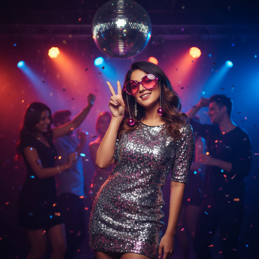 Pink disco ball shades worn by model at disco party