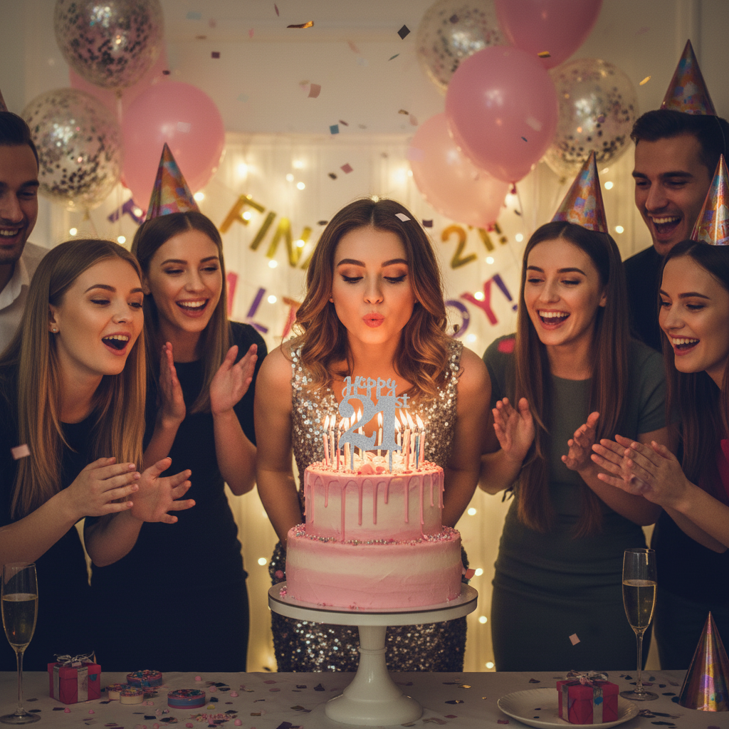 Young woman celebrating 21st birthday blowing candles on cake with silver glitter Happy 21st topper
