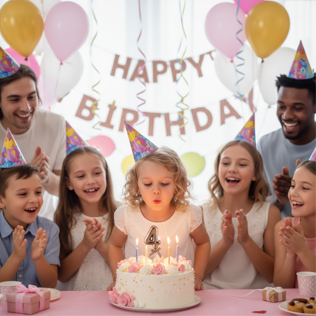 Little girl celebrating 4th birthday blowing candles on cake with rose gold number 4 topper