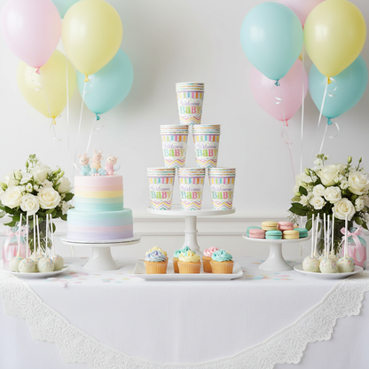 Welcome Baby Shower Paper Cups on Baby Shower Dessert Table with Cupcakes and Macarons