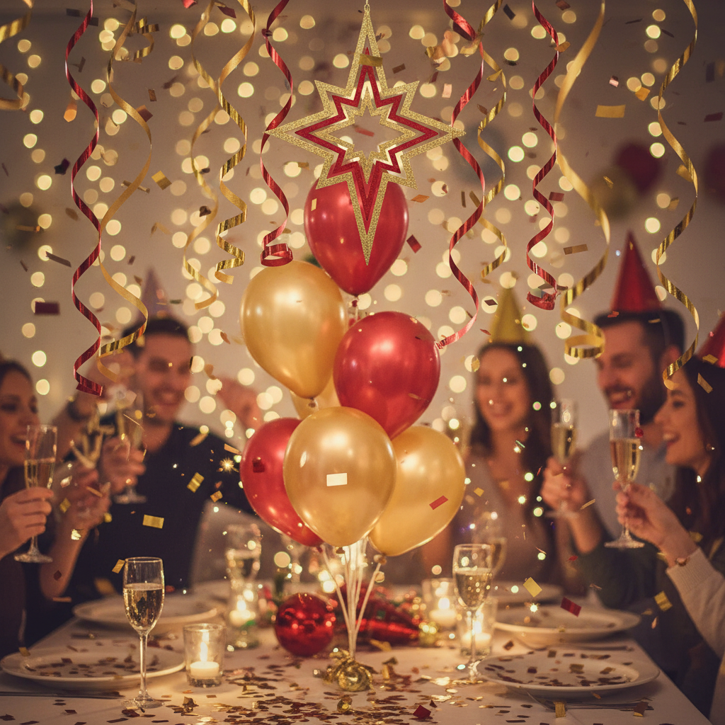 3D Gold Red Star Ornament at New Year Party