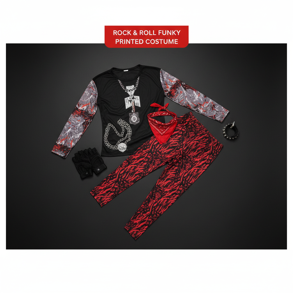 Rock and roll funky printed costume 6PC set flat lay with printed top funky pants bandana and headband