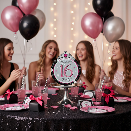 Sweet 16 Jumbo Round Invitations at Party Table Setup