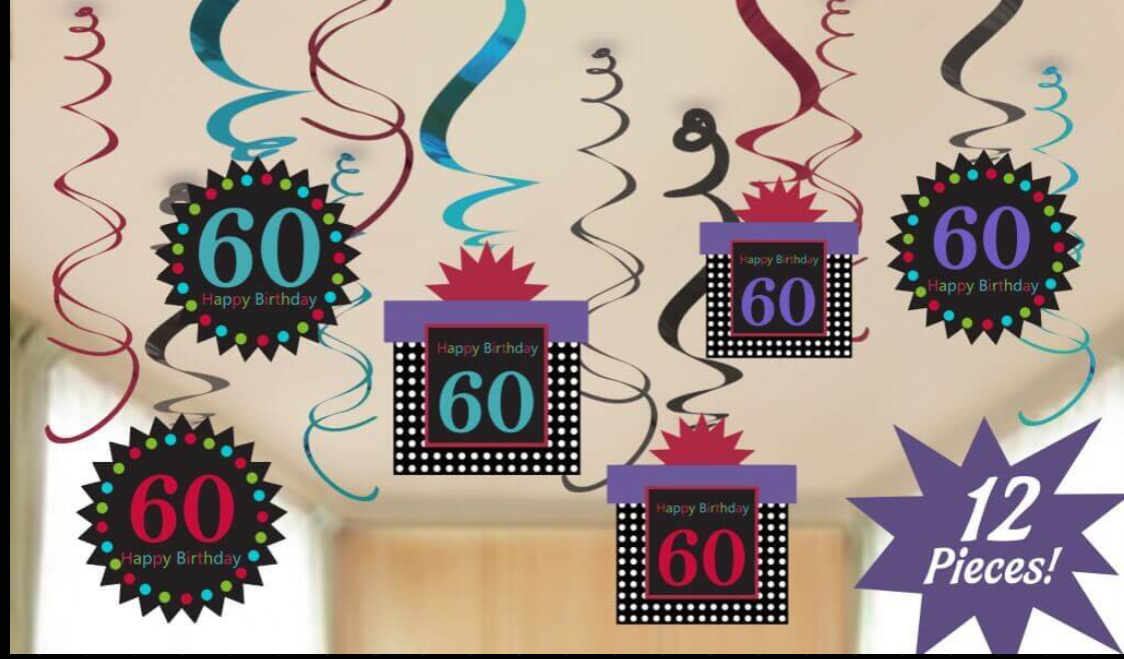 60th Birthday Swirl Decoration - 12 PC