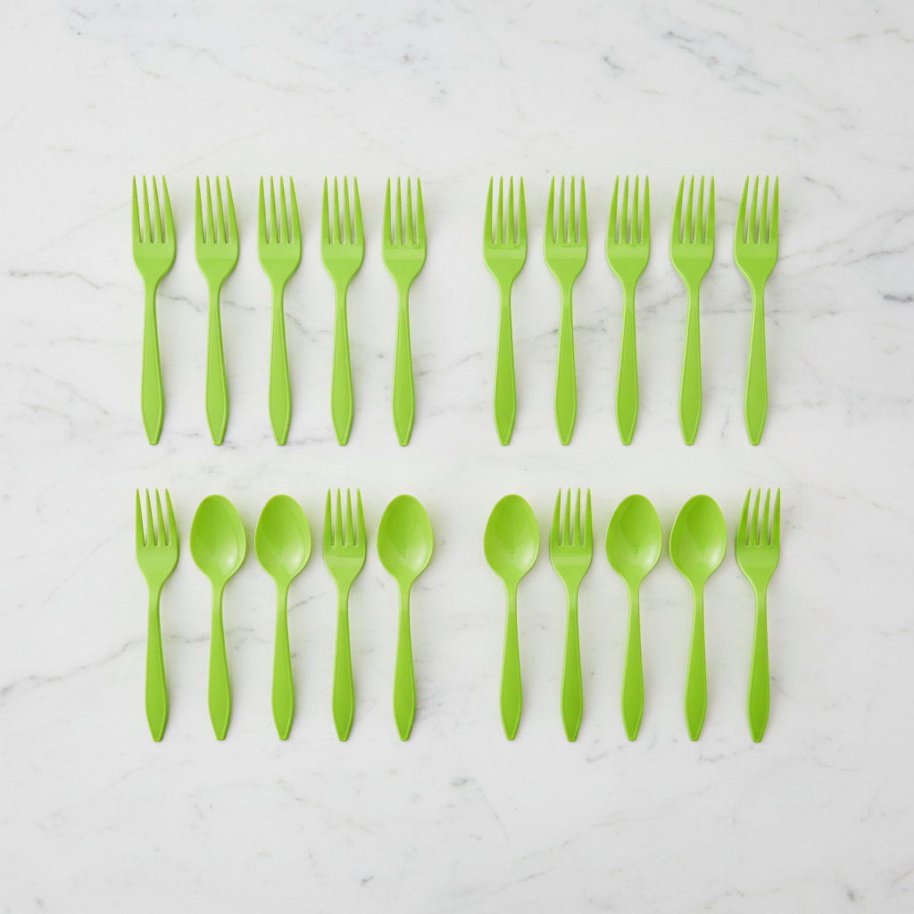 Lime green plastic forks flat lay on white marble background neatly arranged premium disposable 20 piece set