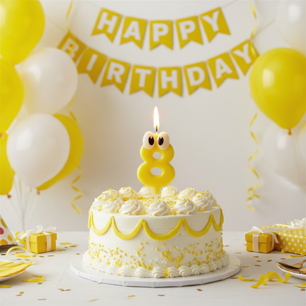 Yellow googly eyes number 8 candle lit and glowing on 8th birthday cake with yellow white balloons