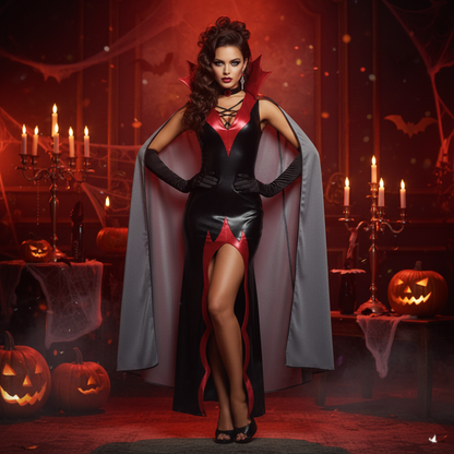 Glamorous woman wearing devilish diva black and red costume with cape gloves and neck choker at Halloween party