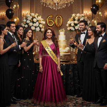 Elegant Indian woman wearing gold Fabulous 60 satin sash at 60th birthday party