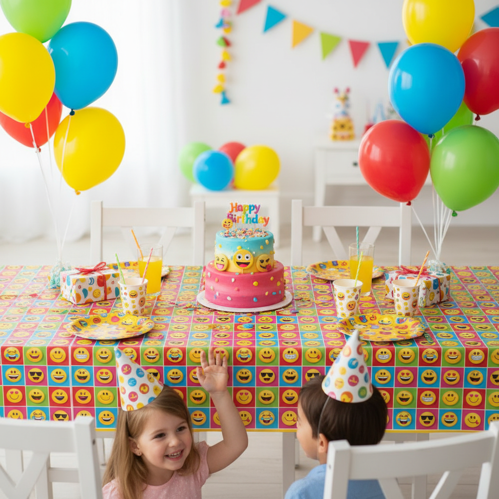 Emoji Tablecover party setup