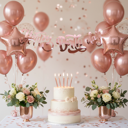 Happy Birthday Cursive Rose Gold Banner - Milestone Birthday Backdrop