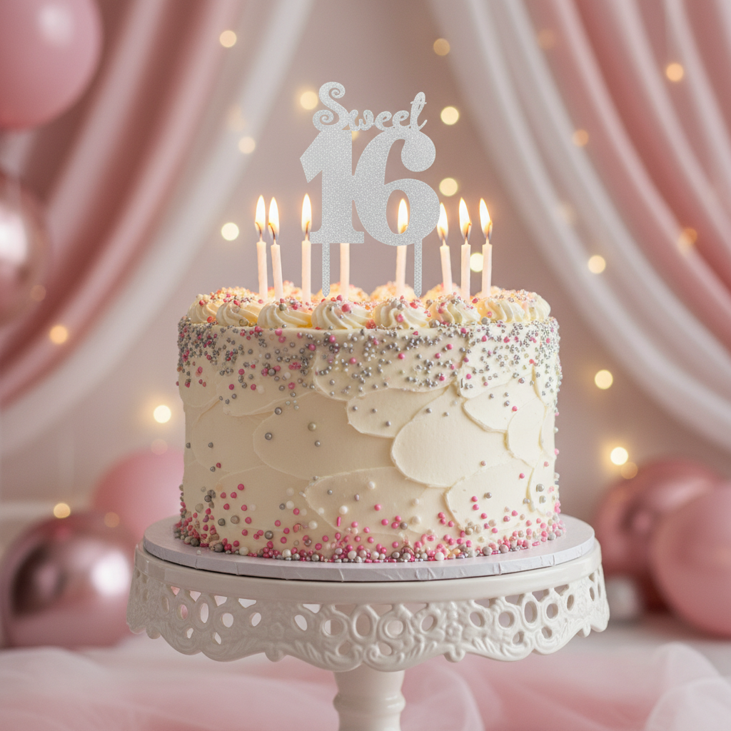Sweet 16 silver glitter acrylic cake topper on pink birthday cake with white frosting and candles
