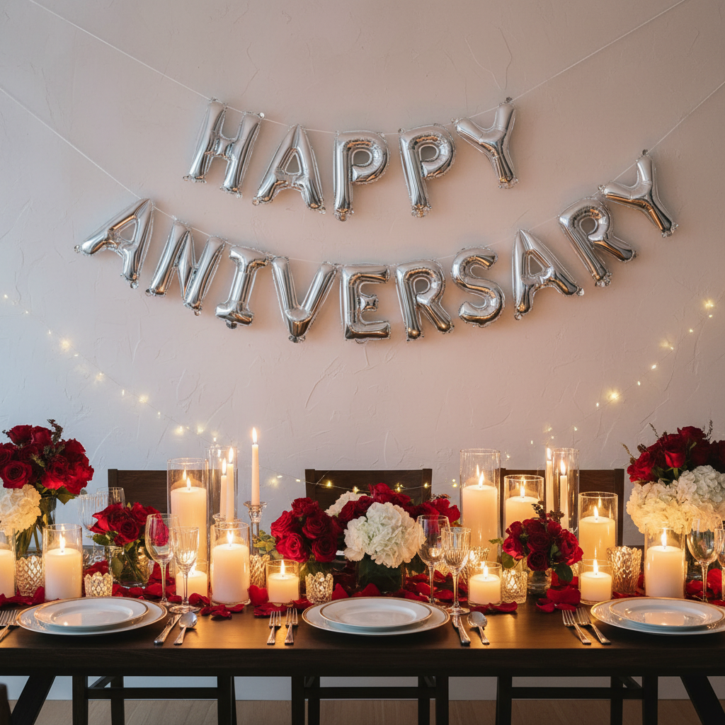 Happy Anniversary Silver Banner - Anniversary Party Wall Setup