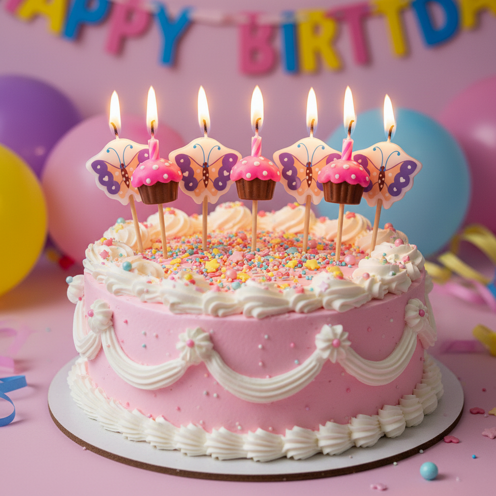 Sweet pink purple butterfly birthday candles on girls birthday cake with pink frosting and sprinkles