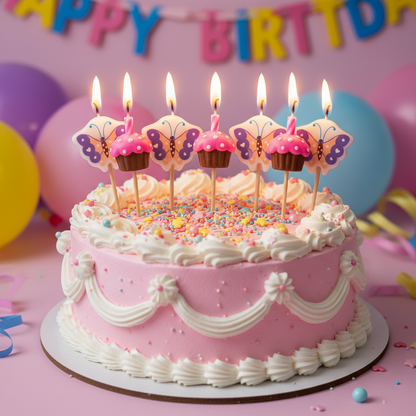 Sweet pink purple butterfly birthday candles on girls birthday cake with pink frosting and sprinkles