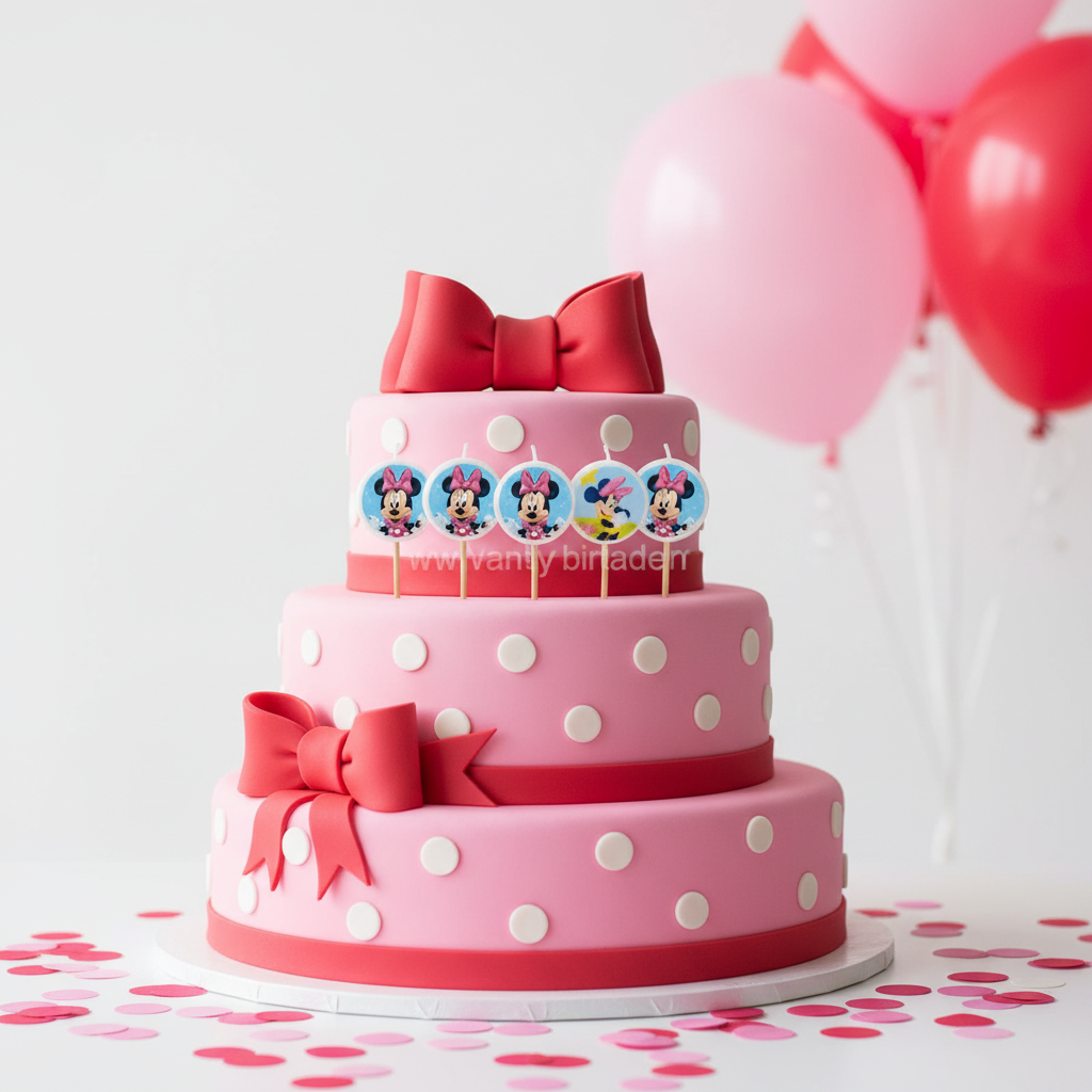 Minnie Mouse birthday candles on a pink decorated birthday cake with Disney party decor