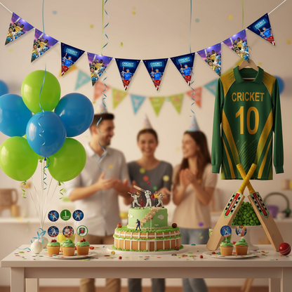 Cricket Championship bunting at cricket themed birthday party with bat ball and cake decorations