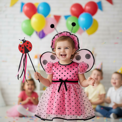 Cute little girl wearing pink and black ladybug costume with polka dot wings at birthday party