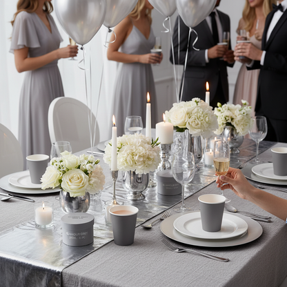Glamour Grey Paper Cups on Elegant Grey and Silver Party Table