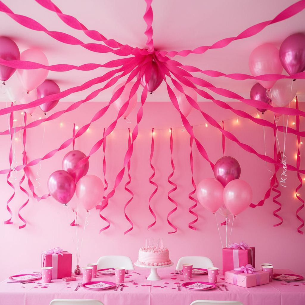 Hot pink streamers decorating girls birthday party room