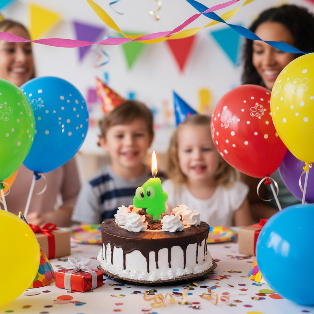 Green googly eyes number 4 candle lit and glowing on 4th birthday cake with colorful balloons