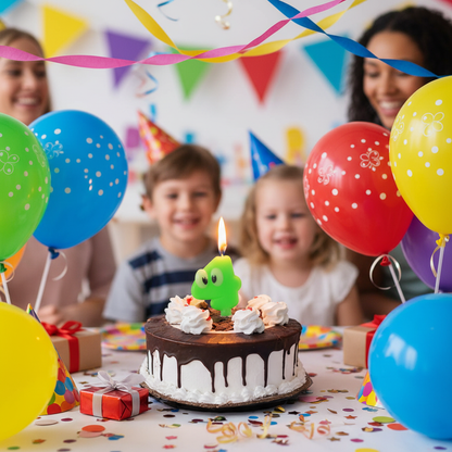 Green googly eyes number 4 candle lit and glowing on 4th birthday cake with colorful balloons