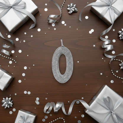 Silver glitter number 0 candle flat lay with silver ribbons gift boxes and silver party decor