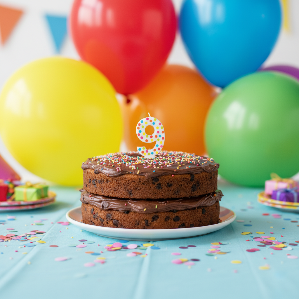 Multicolor polka dot number 9 candle on colorful cake with rainbow balloons and confetti