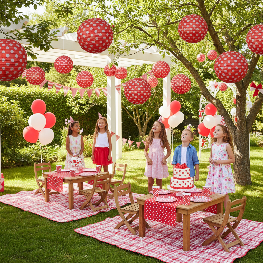 Red Polka Dot Round Paper Lantern at Outdoor Garden Party