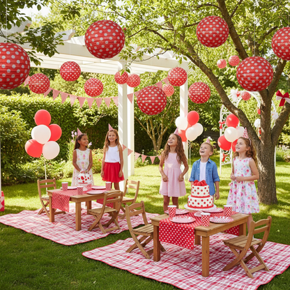 Red Polka Dot Round Paper Lantern at Outdoor Garden Party