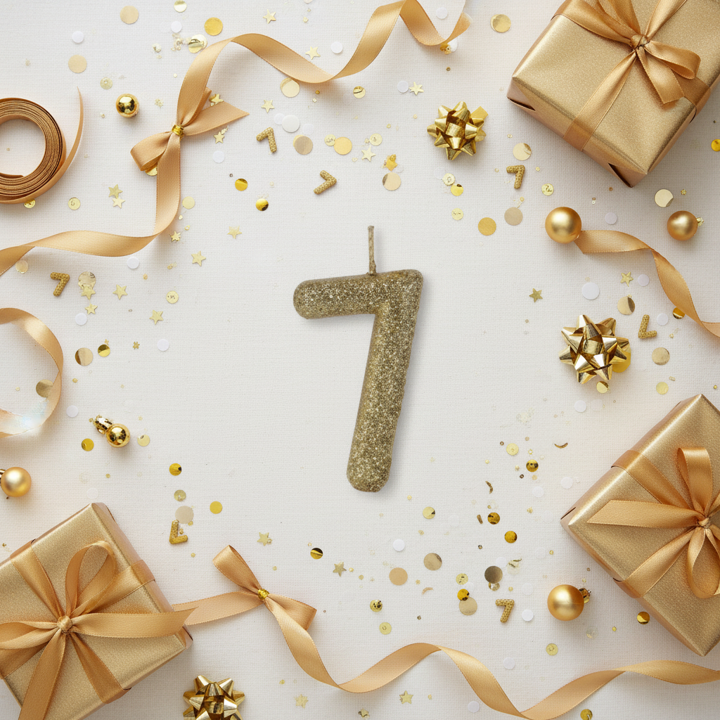 Golden glitter number 7 candle flat lay with gold ribbons gift boxes and golden party decor