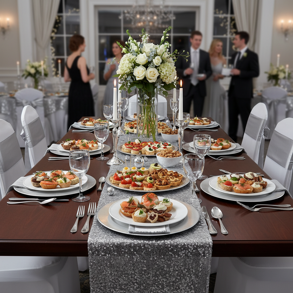 Elegant party table setup with silver shimmering oval platter plates serving appetizers