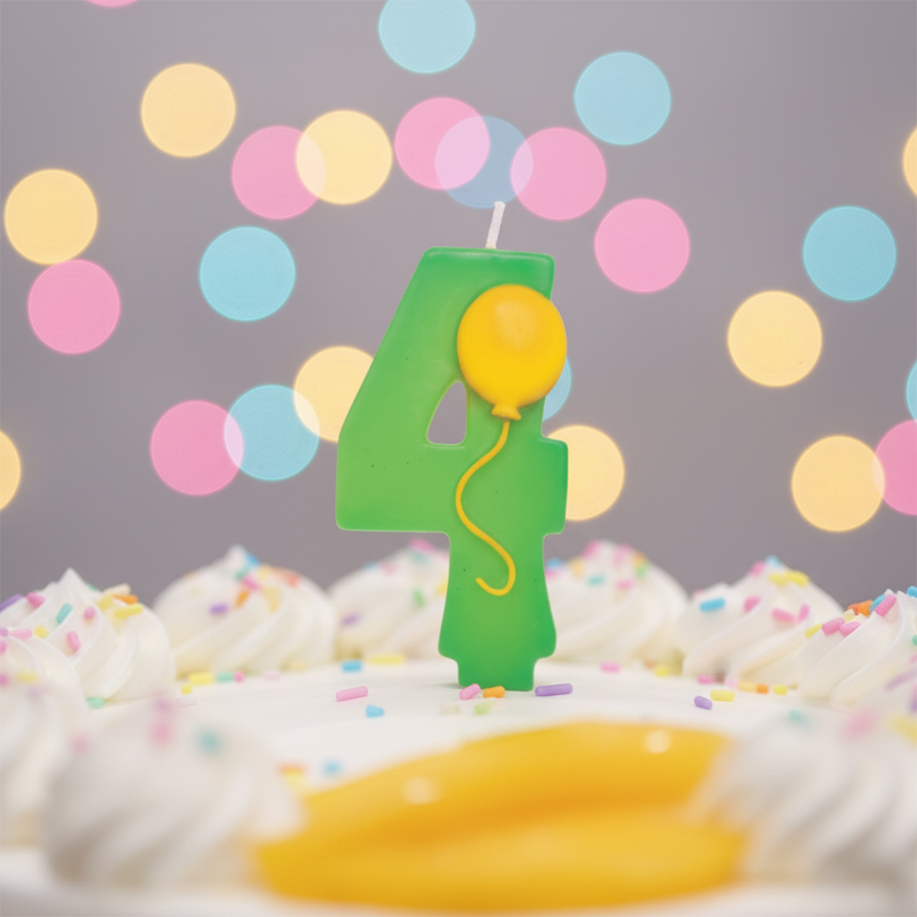 Close up detail of green number 4 birthday candle with yellow balloon on top