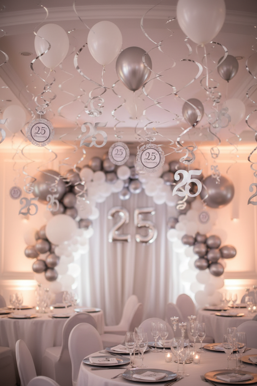 25th Anniversary Swirl Decoration hanging in party room