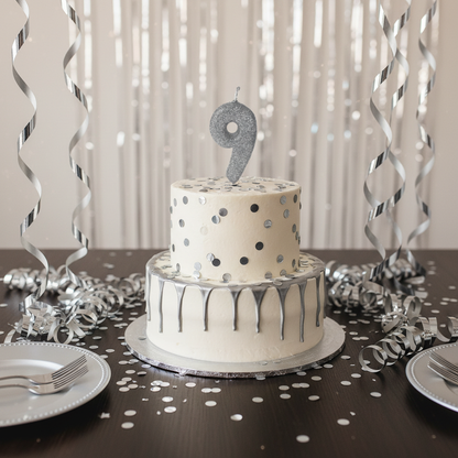 Silver glitter number 9 candle on white cake with silver drip and confetti