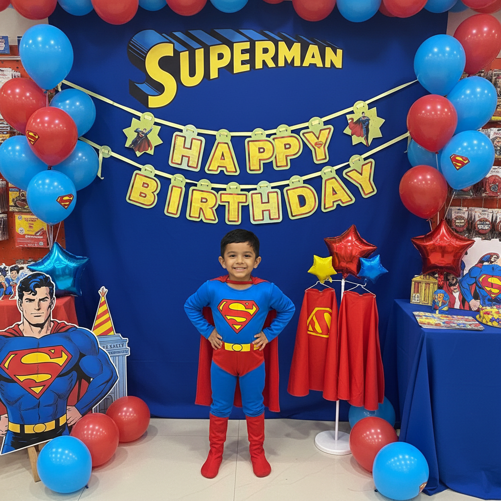 Boy dressed as Superman posing in front of Superman Happy Birthday banner at kids party photo booth