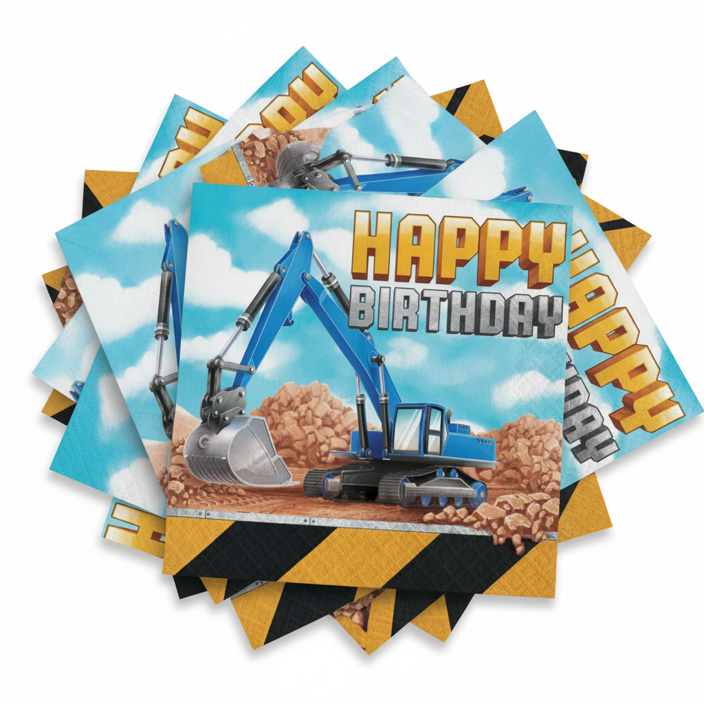 Under construction Happy Birthday napkins close up product shot