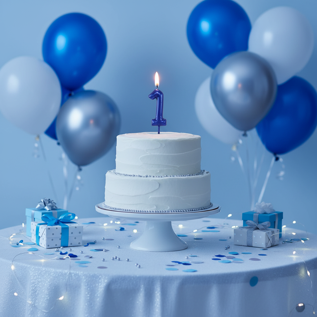 Blue number 1 candle lit on white frosted birthday cake with blue balloons