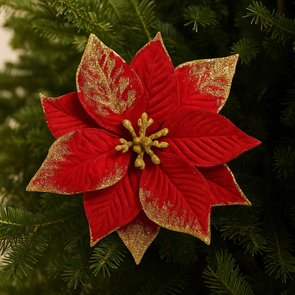 Large Red Poinsettia Leaves with Golden Glitter - 1PC