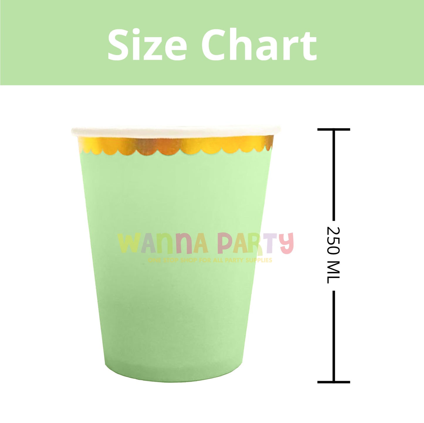 Lime Green Paper Cups with Gold Rim 250 ML - 10 PC