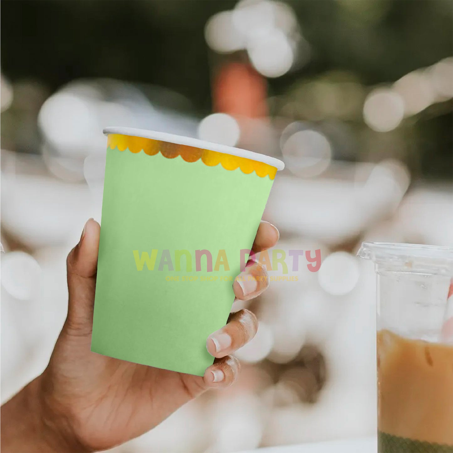 Lime Green Paper Cups with Gold Rim 250 ML - 10 PC