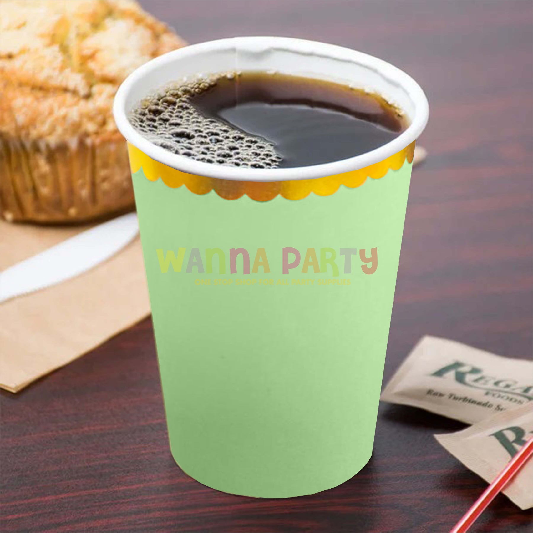 Lime Green Paper Cups with Gold Rim 250 ML - 10 PC