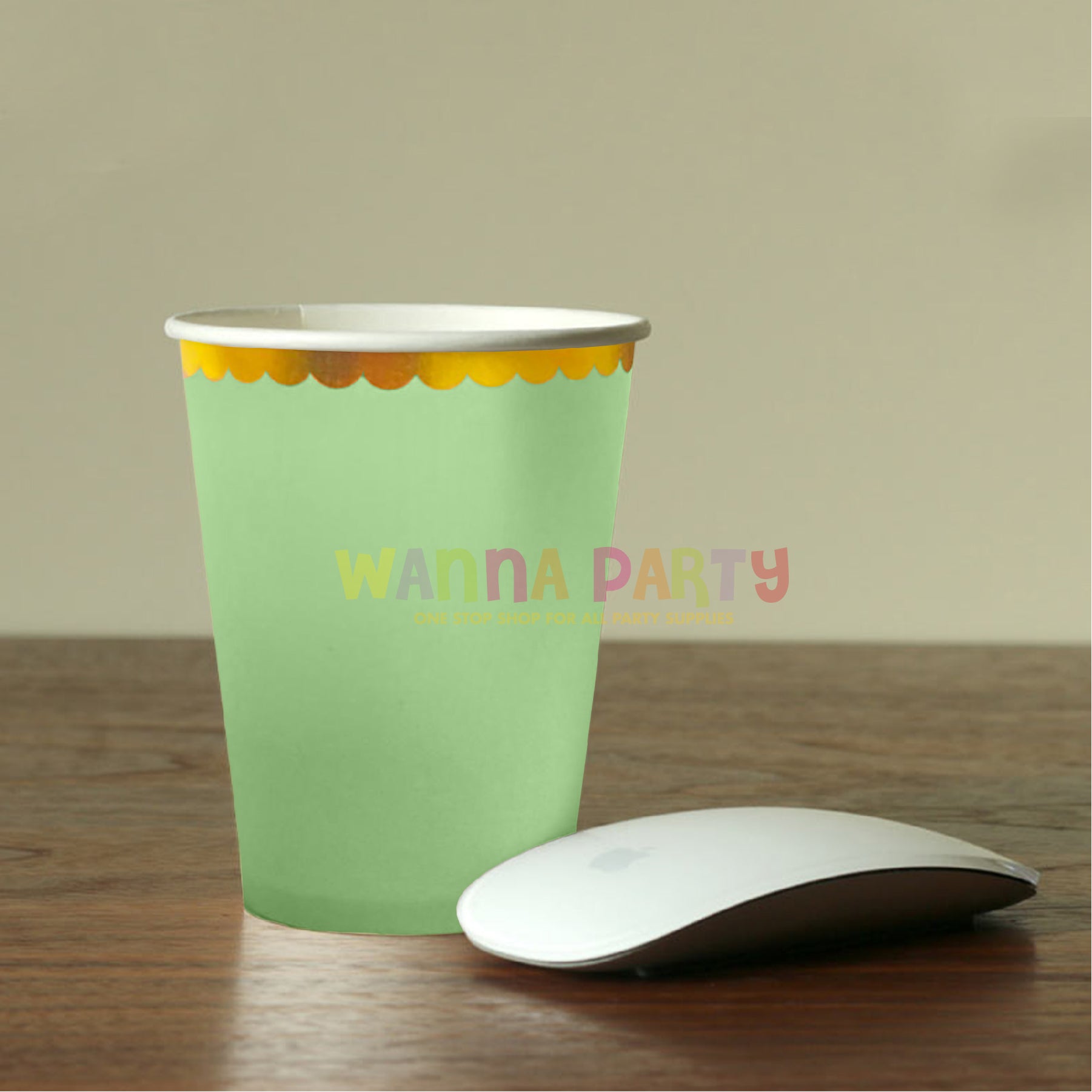 Lime Green Paper Cups with Gold Rim 250 ML - 10 PC