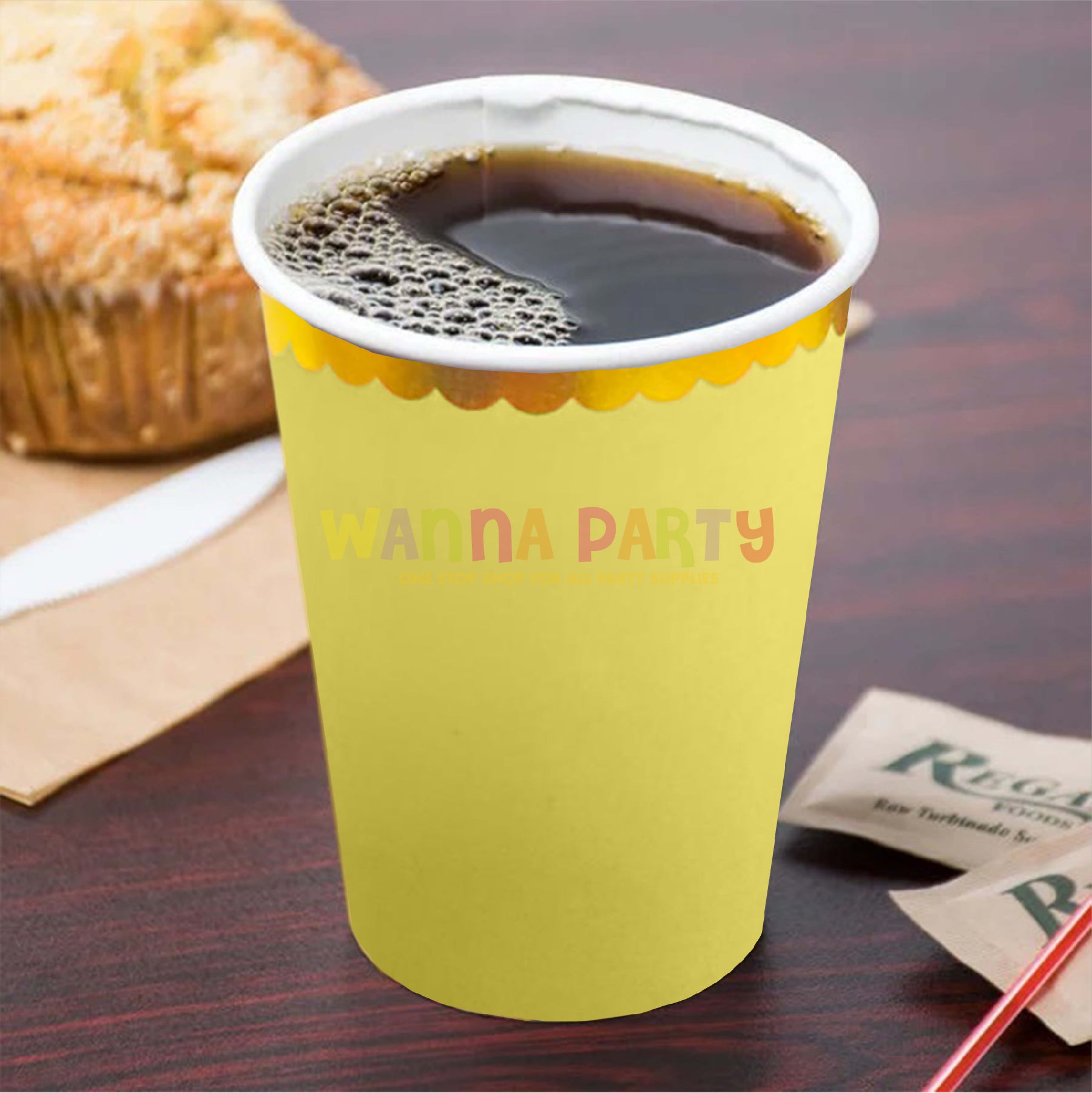 Lime Yellow Paper Cups Golden Rim 250 ML - 10 PC