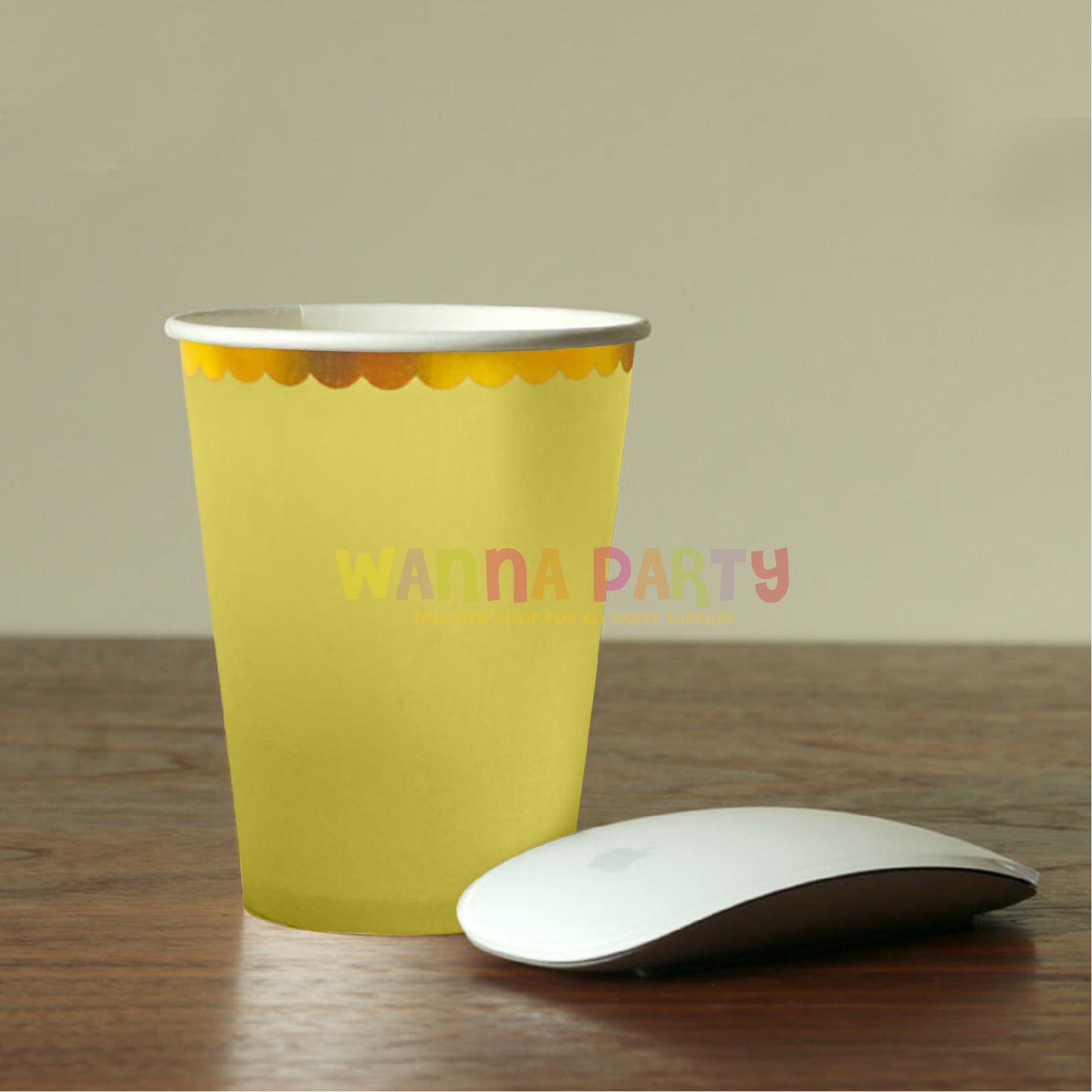 Lime Yellow Paper Cups Golden Rim 250 ML - 10 PC