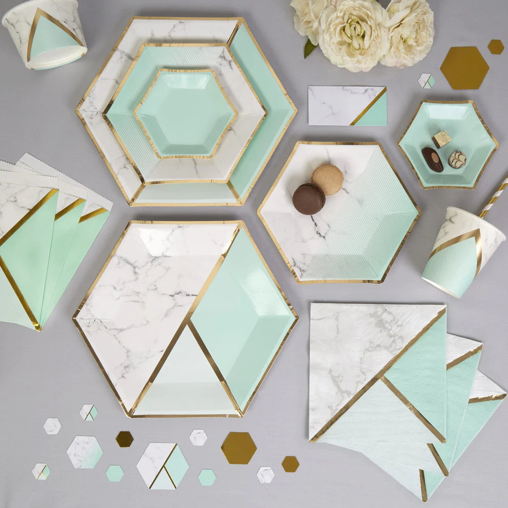 Aqua &amp; Gold Hexa Shaped Plates 9" - 10 PC