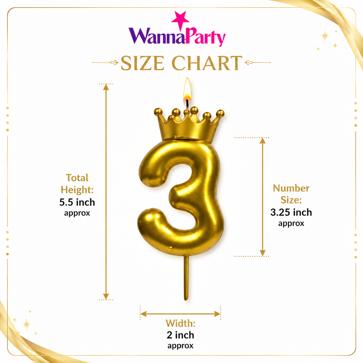 Golden Crown Candle Number 3 | Metallic Finish | Medium Size