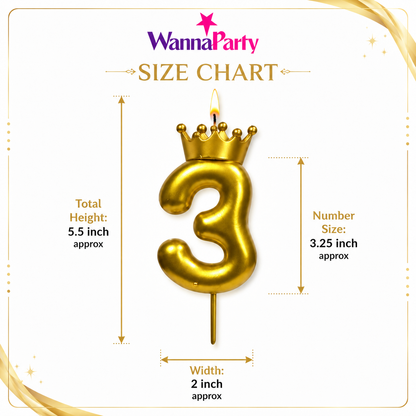Golden Crown Candle Number 3 | Metallic Finish | Medium Size