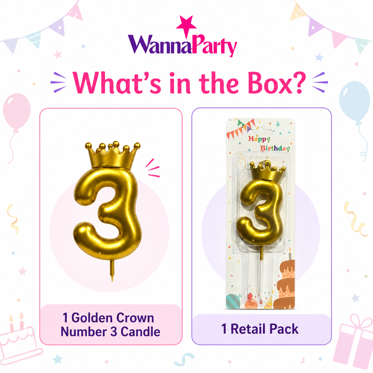 Golden Crown Candle Number 3 | Metallic Finish | Medium Size