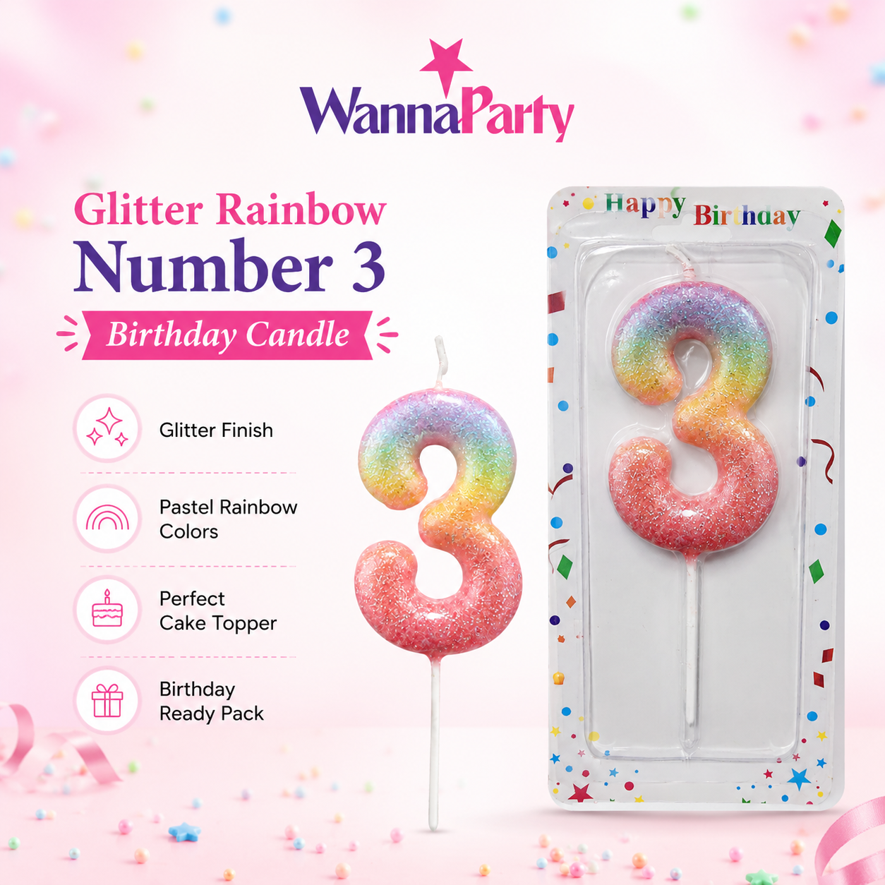 Three Color Gradient Glitter Candle Number 3
