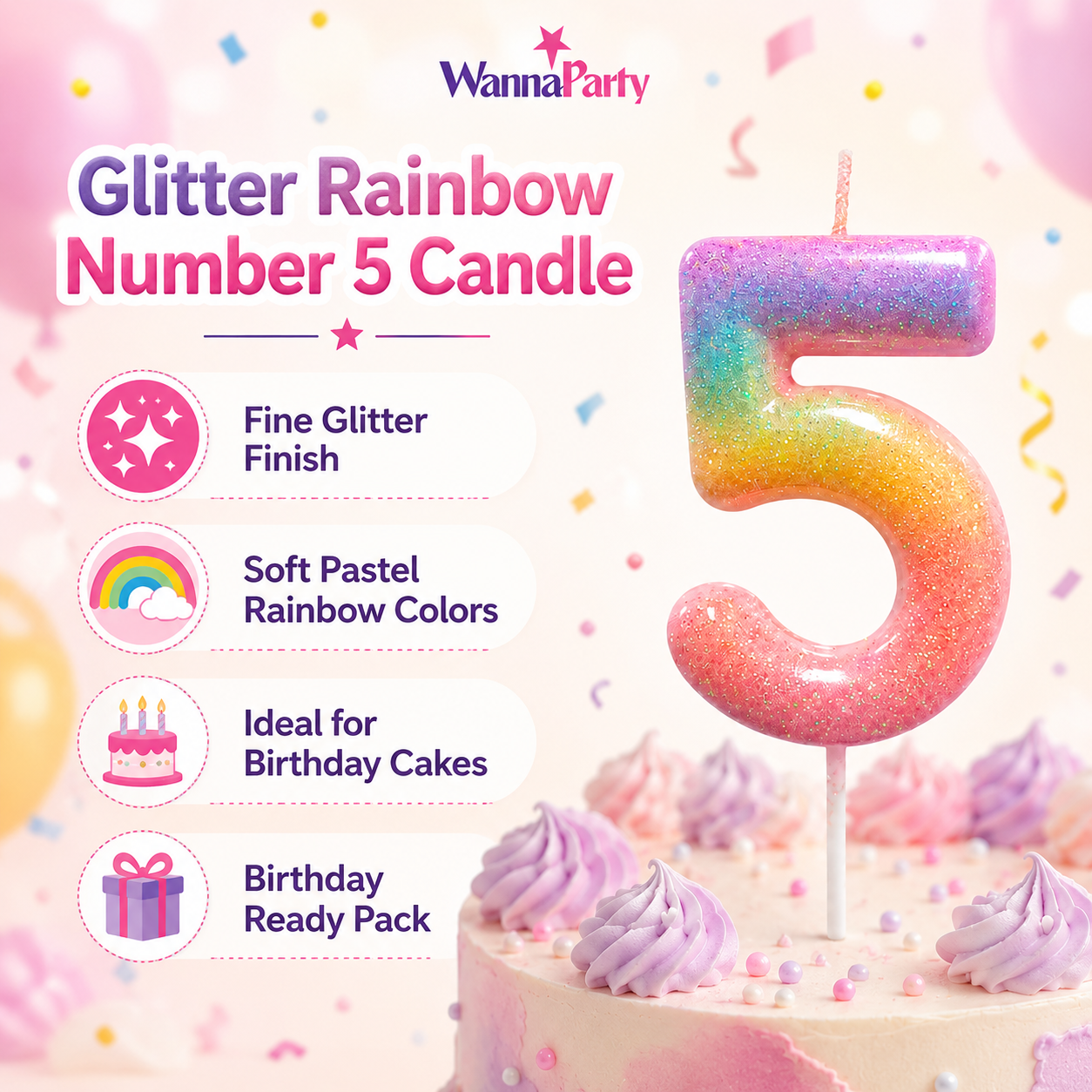 Three Color Gradient Glitter Candle Number 5